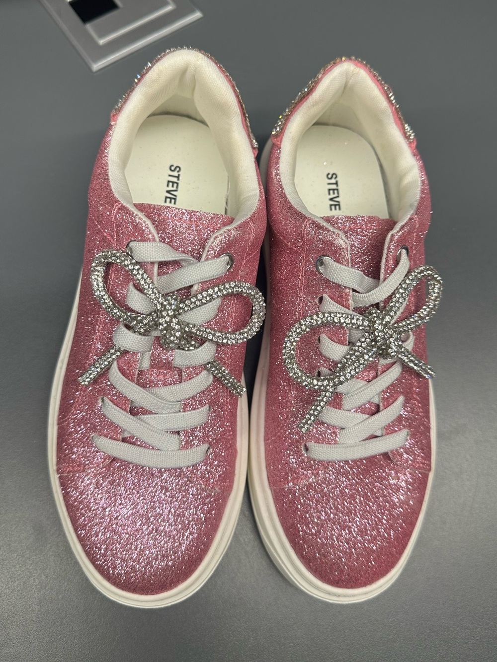 Steve Madden Sparkle Pink Lace-Up Sneakers with Crystal Bow